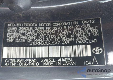 2012 Toyota Prius Two z USA, uszkodzony, nr VIN JTDKN3DUXC5471489